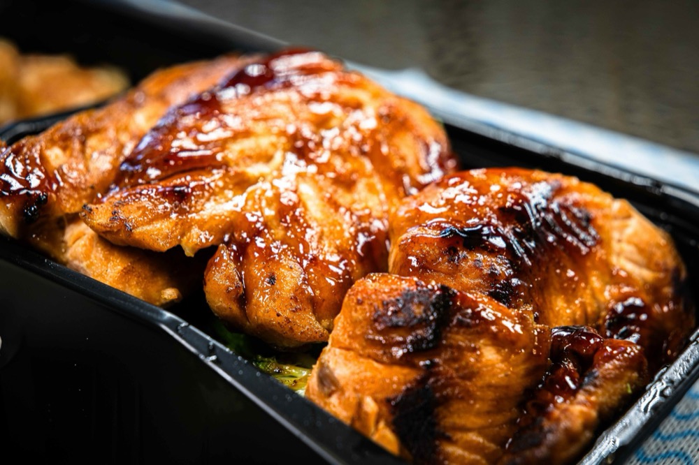 Char-glazed teriyaki chicken with caramelized house sauce